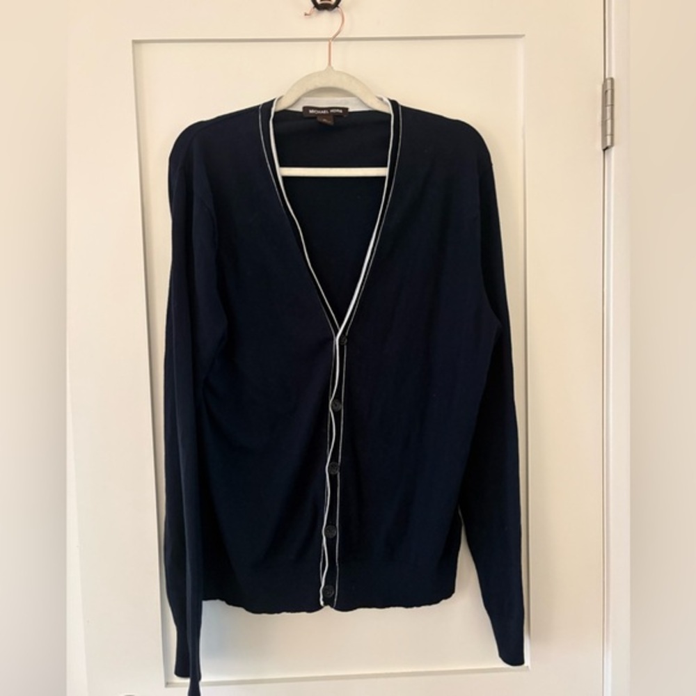 Michael Kors ~ navy blue cardigan soft thin cotton with light piping detail XL